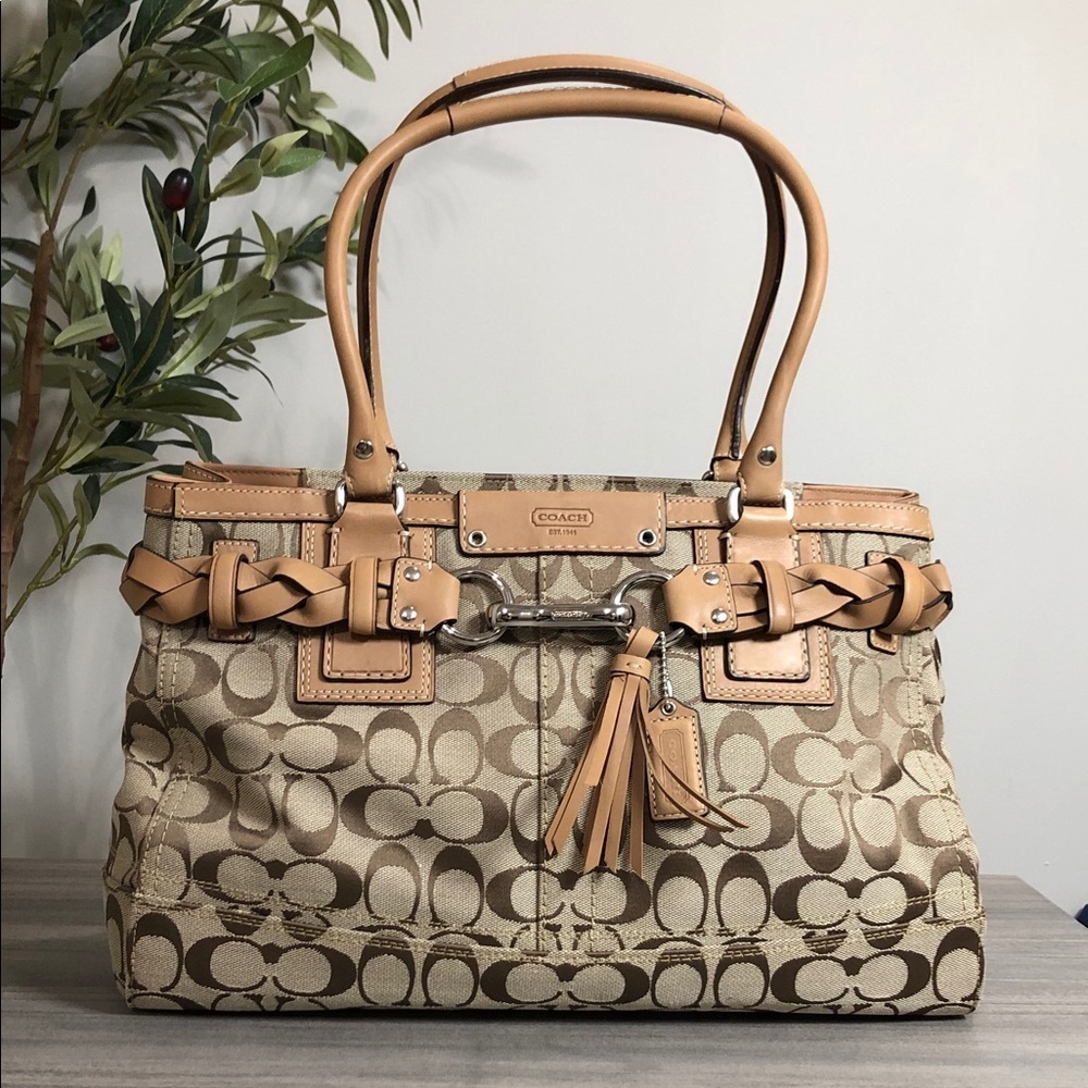 Coach Beige and Brown Signature Shoulder Bag With Tassel (BG1)